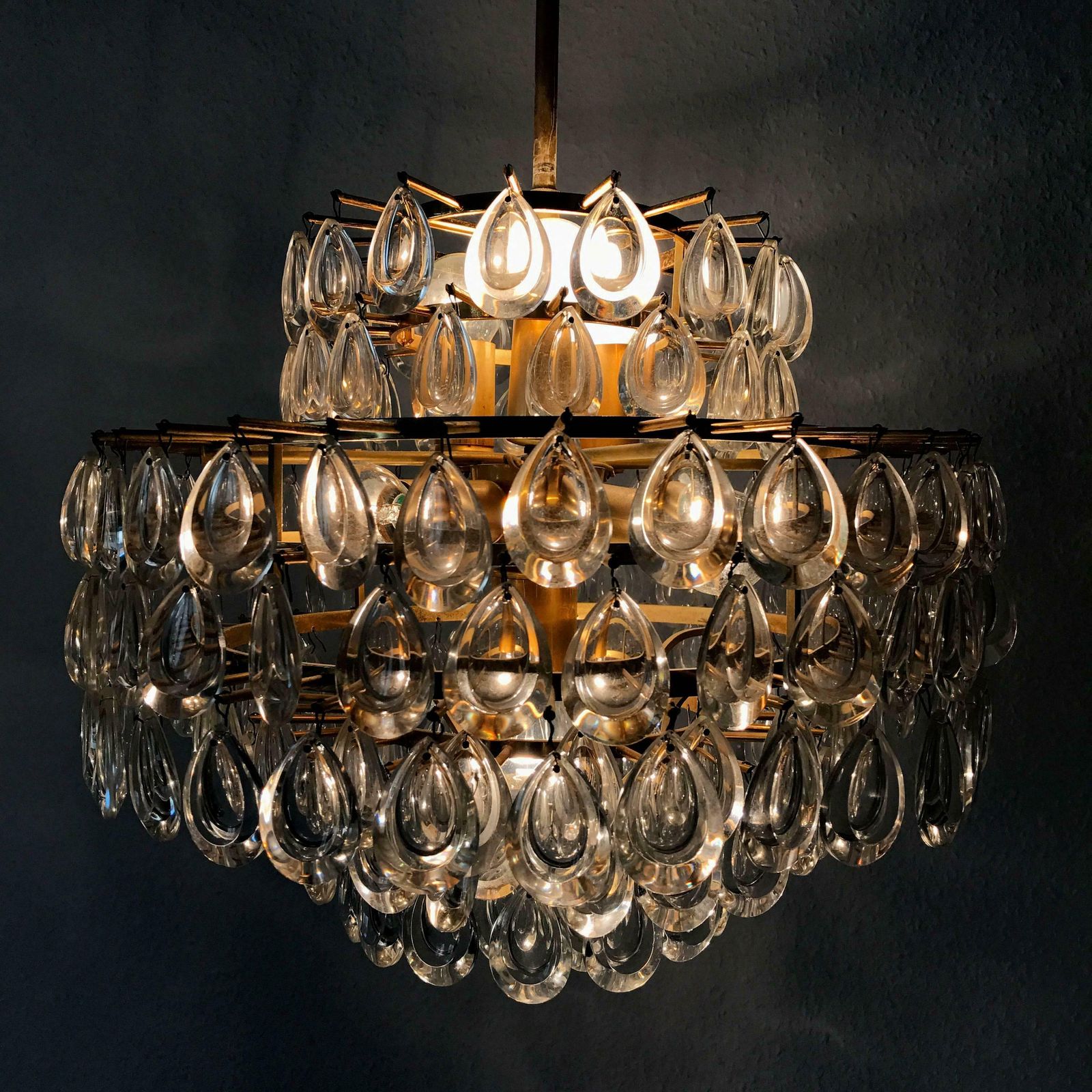Seven Tiered Gilt Brass Chandelier Or Pendant Lamp By Palwa Germany 1960s photo vinterior