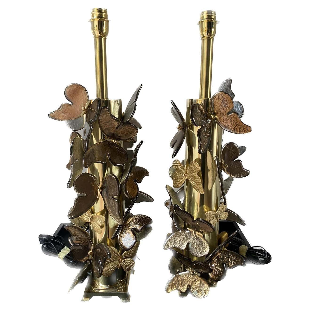 Pair Of Gold Metal Lamps With Murano Glass Butterflies