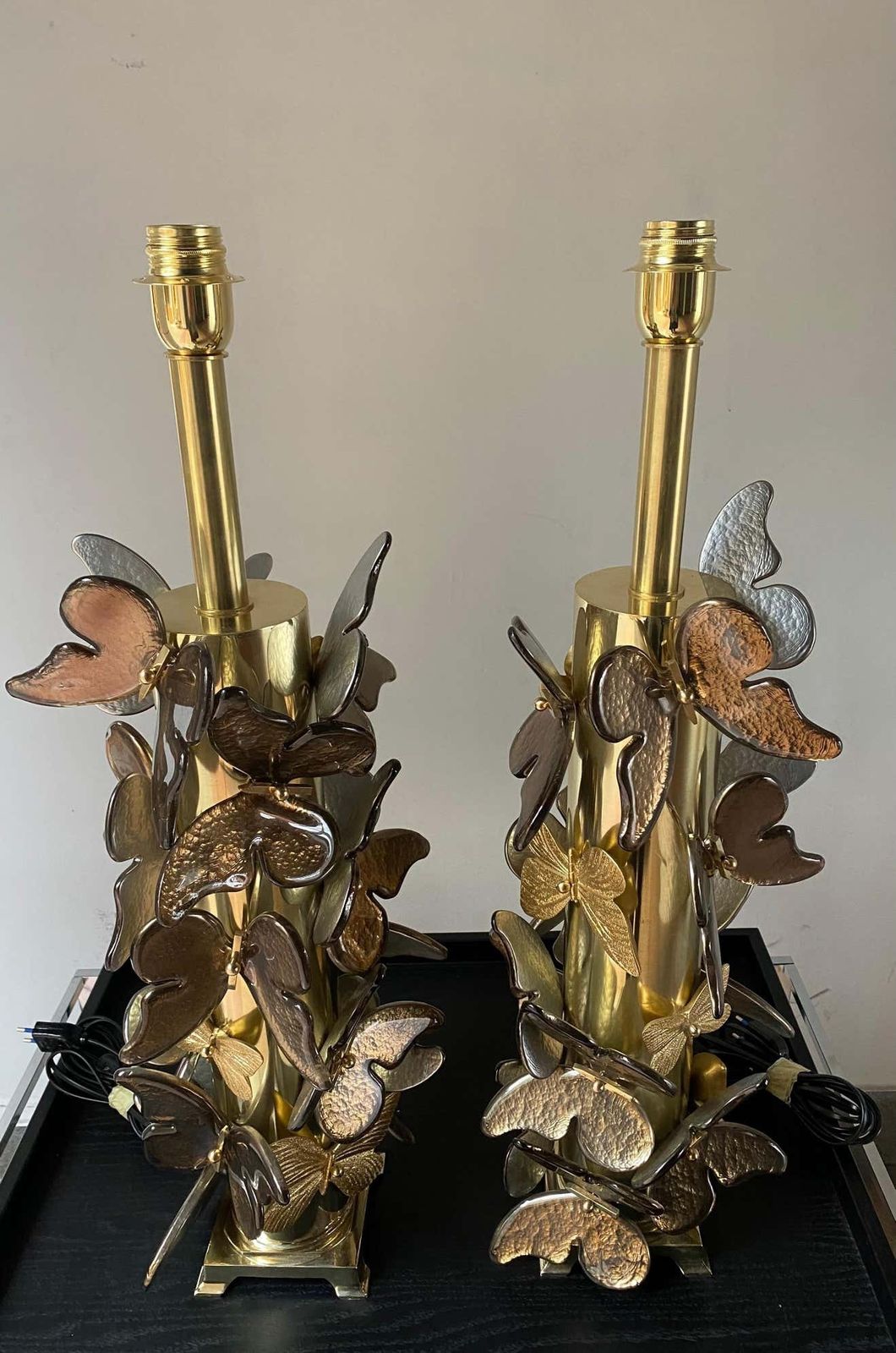 Pair Of Gold Metal Lamps With Murano Glass Butterflies photo Lighting
