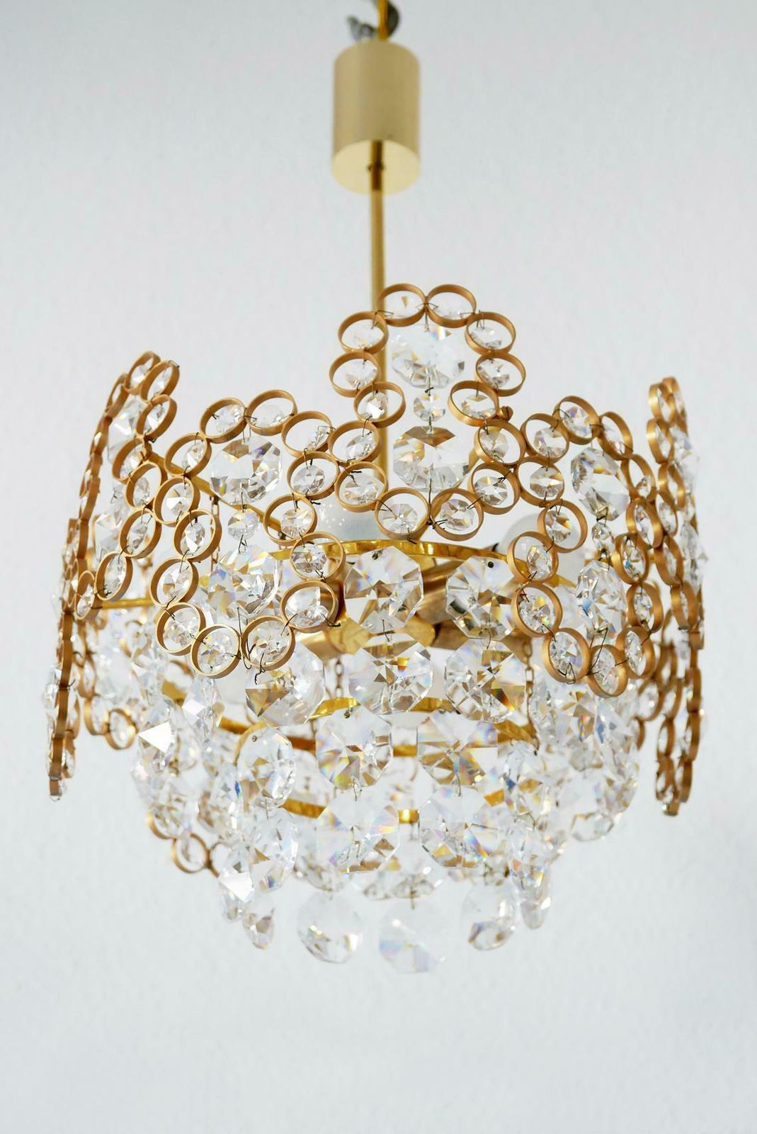 Gilt Brass Facet Cut Crystal Glass Chandelier By Palwa, 1970s, Germany photo buy