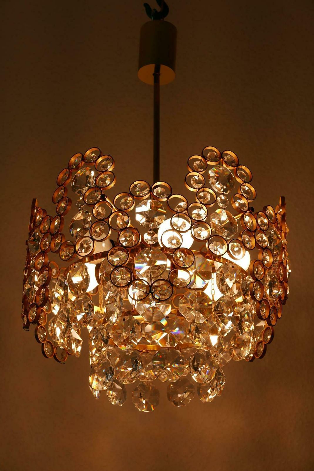 Gilt Brass Facet Cut Crystal Glass Chandelier By Palwa, 1970s, Germany photo vintage