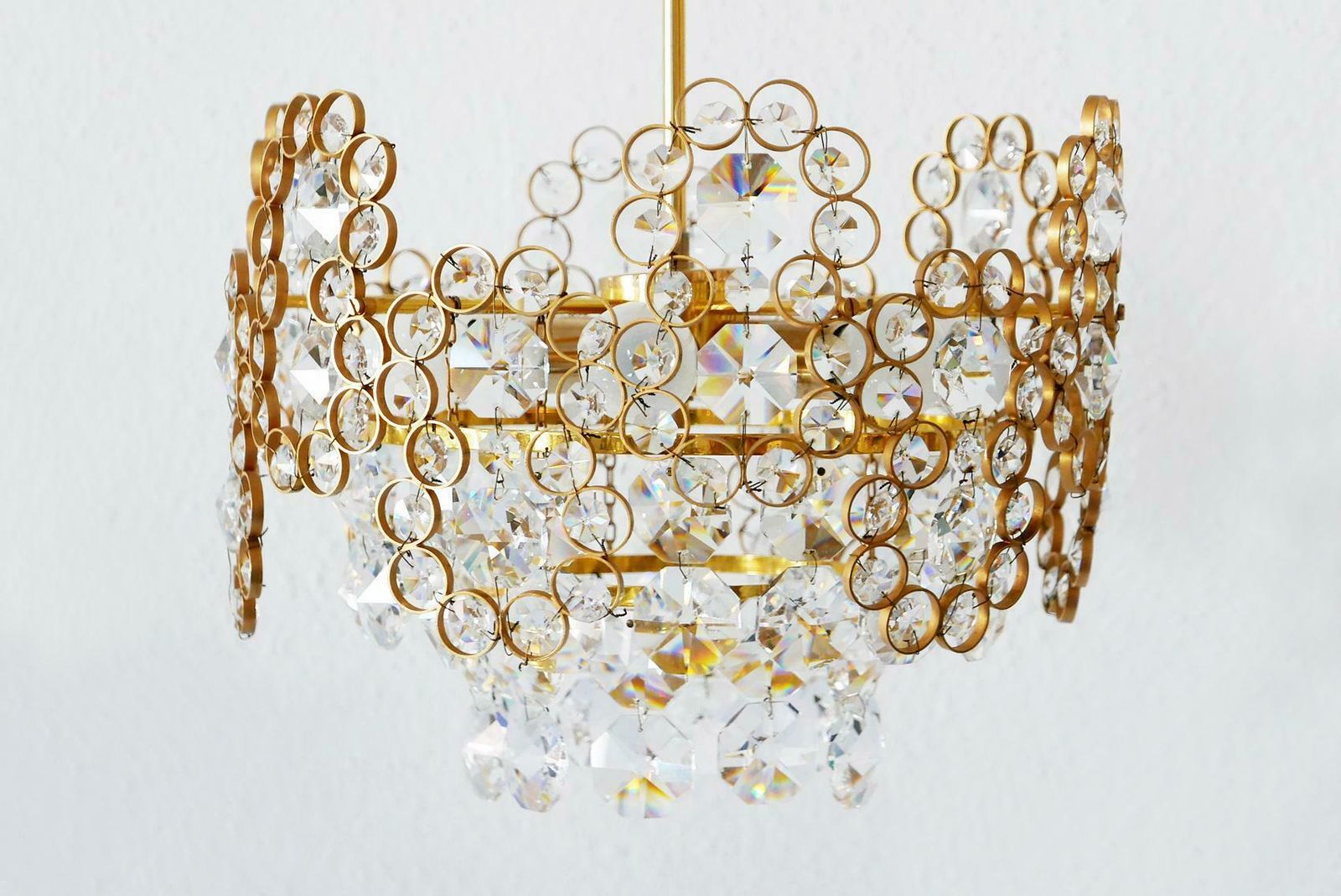 photo for sale Gilt Brass Facet Cut Crystal Glass Chandelier By Palwa, 1970s, Germany