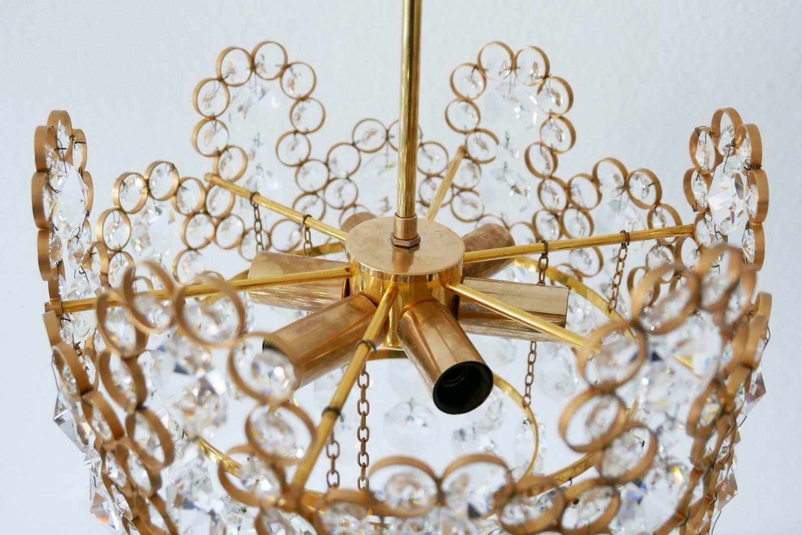 Lighting Gilt Brass Facet Cut Crystal Glass Chandelier By Palwa, 1970s, Germany photo