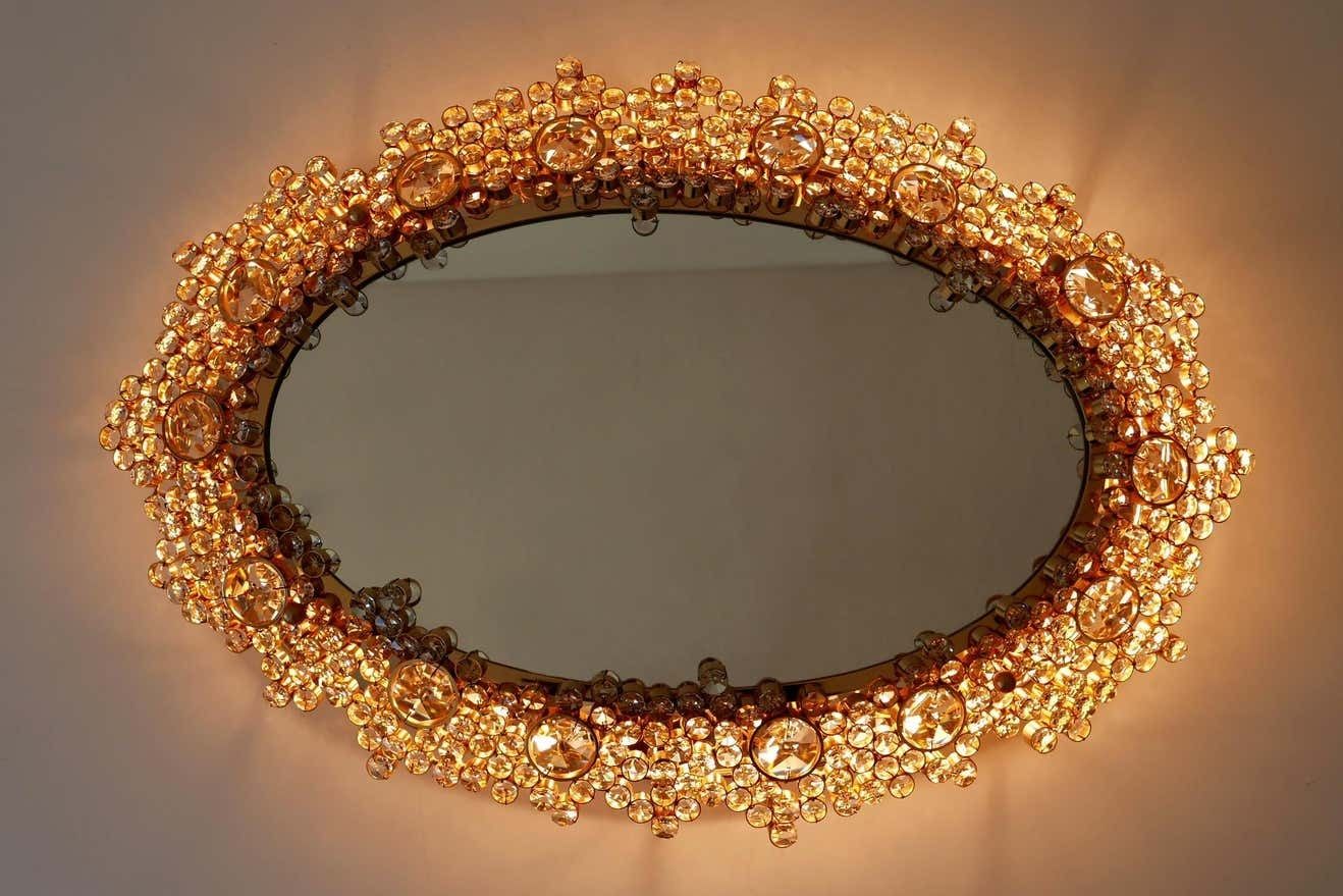 Gorgeous Gilt Brass & Crystal Glass Backlit Wall Mirror By Palwa, Germany, 1970s photo furniture