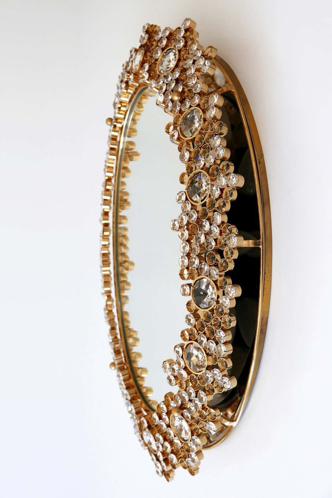Gorgeous Gilt Brass & Crystal Glass Backlit Wall Mirror By Palwa, Germany, 1970s photo vinterior