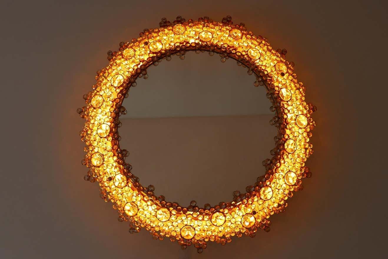 Gorgeous Gilt Brass & Crystal Glass Backlit Wall Mirror By Palwa, Germany, 1970s photo vintage
