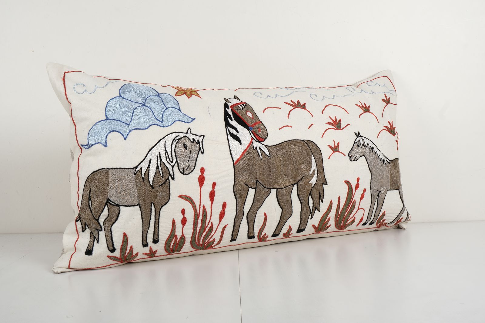 King Vintage Cotton Suzani Pillow Cover With Animal Pattern, Exquisite Suzani Horse Bed Pillow Cover 18'' X 34'' photo furniture