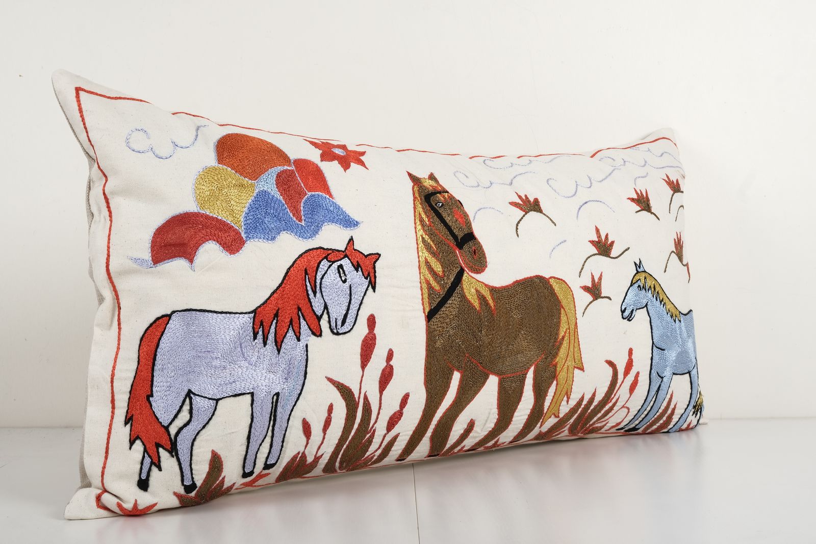 Vintage Animal Pictorial Suzani Pillow Cover, 1960s Handmade Samarkand Uzbek Suzani Textile Art 18'' X 34'' photo furniture