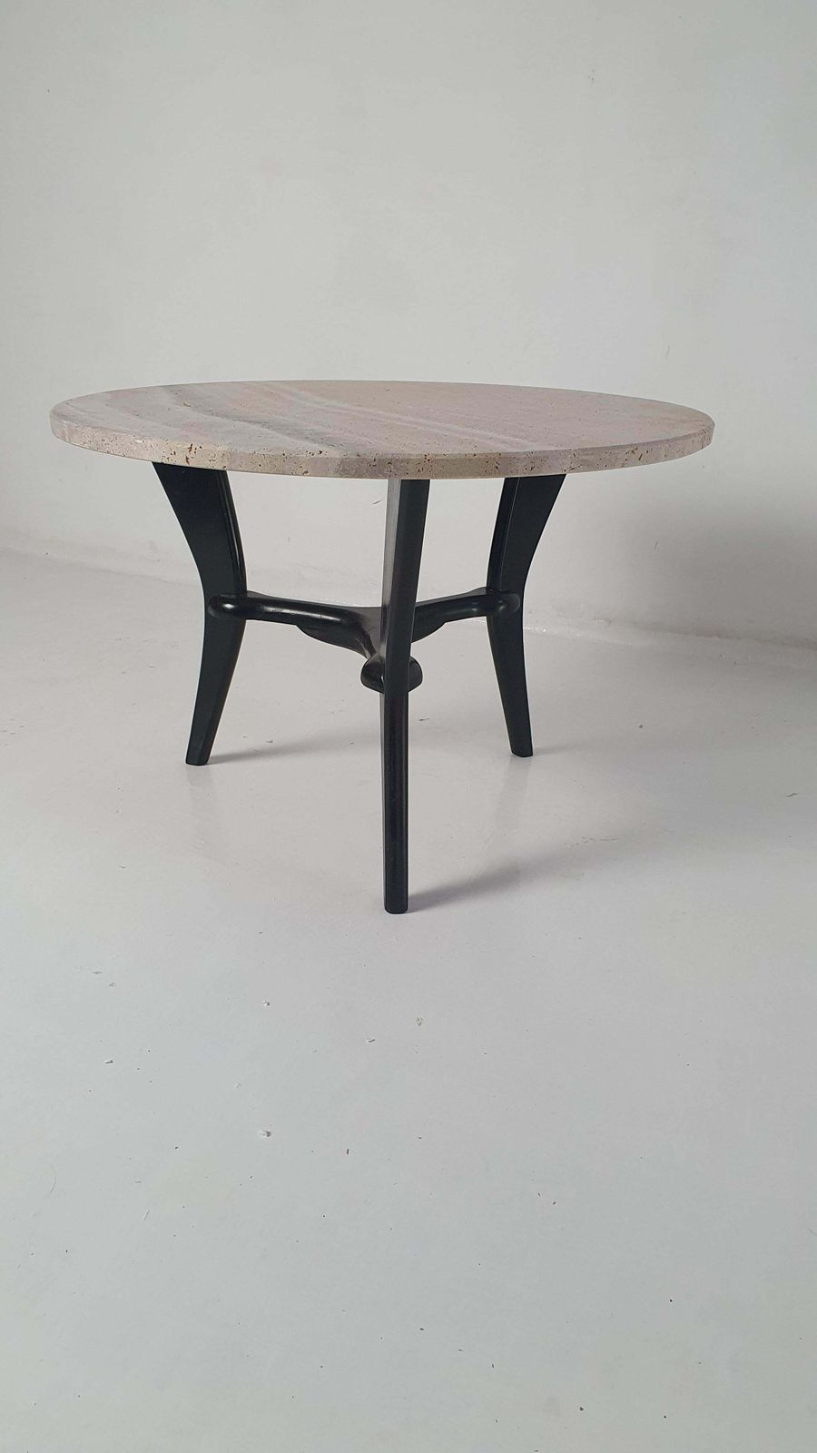 photo for sale Mid Century Round Coffee Table In Travertine, Italy, 1950's