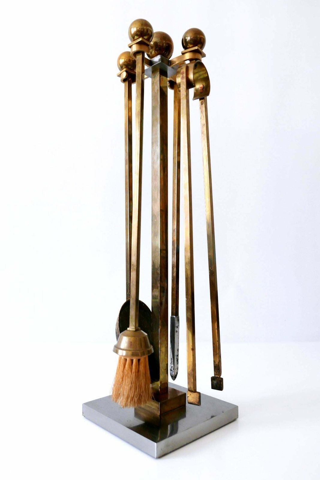 Exceptional Mid Century Modern Brass And Steel Fireplace Tools 1970s photo for sale