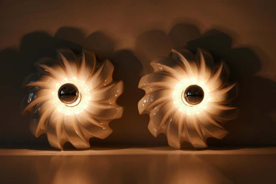 Set Of Two Mid Century Modern Iridescent Glazed Pan Wall Lamps By Goebel Germany photo vinterior