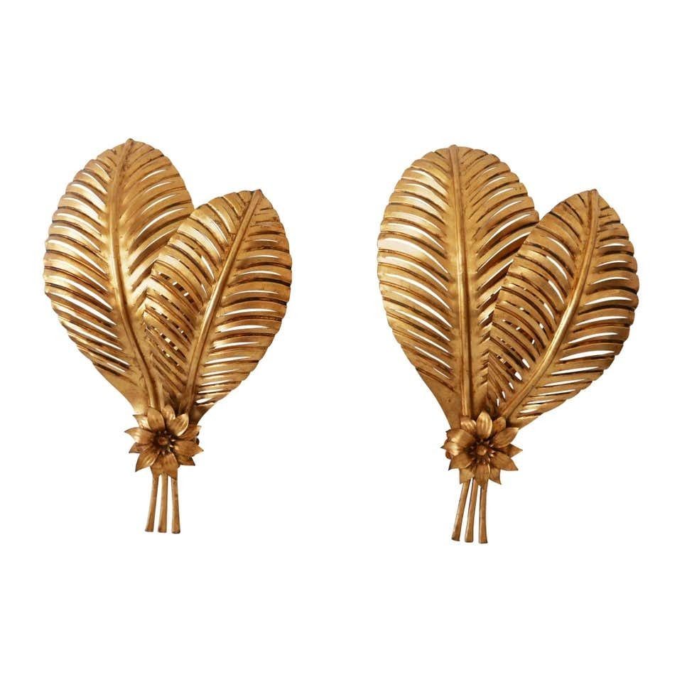 Set Of Two Extra Large Gilt Metal Palm Leaf Wall Lamps, Hans Kögl, 1970s Germany