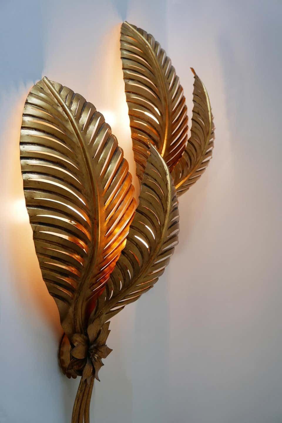 photo buy Set Of Two Extra Large Gilt Metal Palm Leaf Wall Lamps, Hans Kögl, 1970s Germany