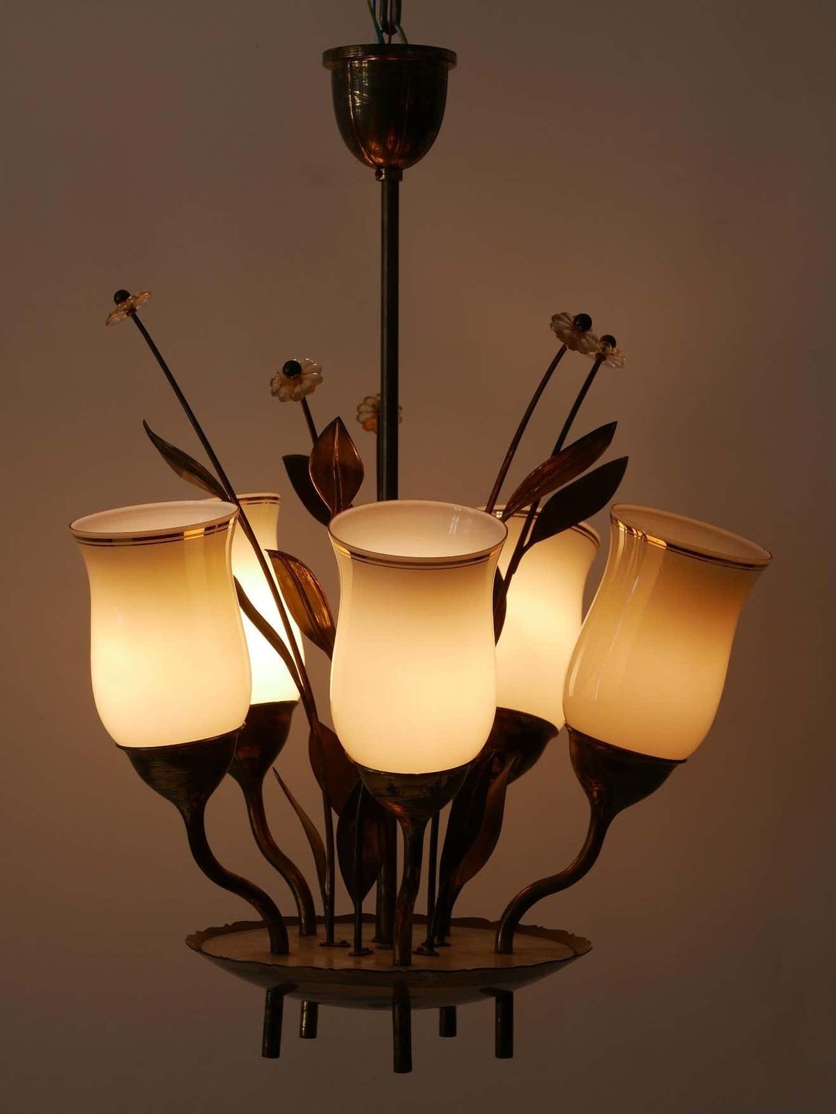 Exceptional Scandinavian Brass & Opal Glass Chandelier Or Ceiling Lamp, 1950s photo furniture