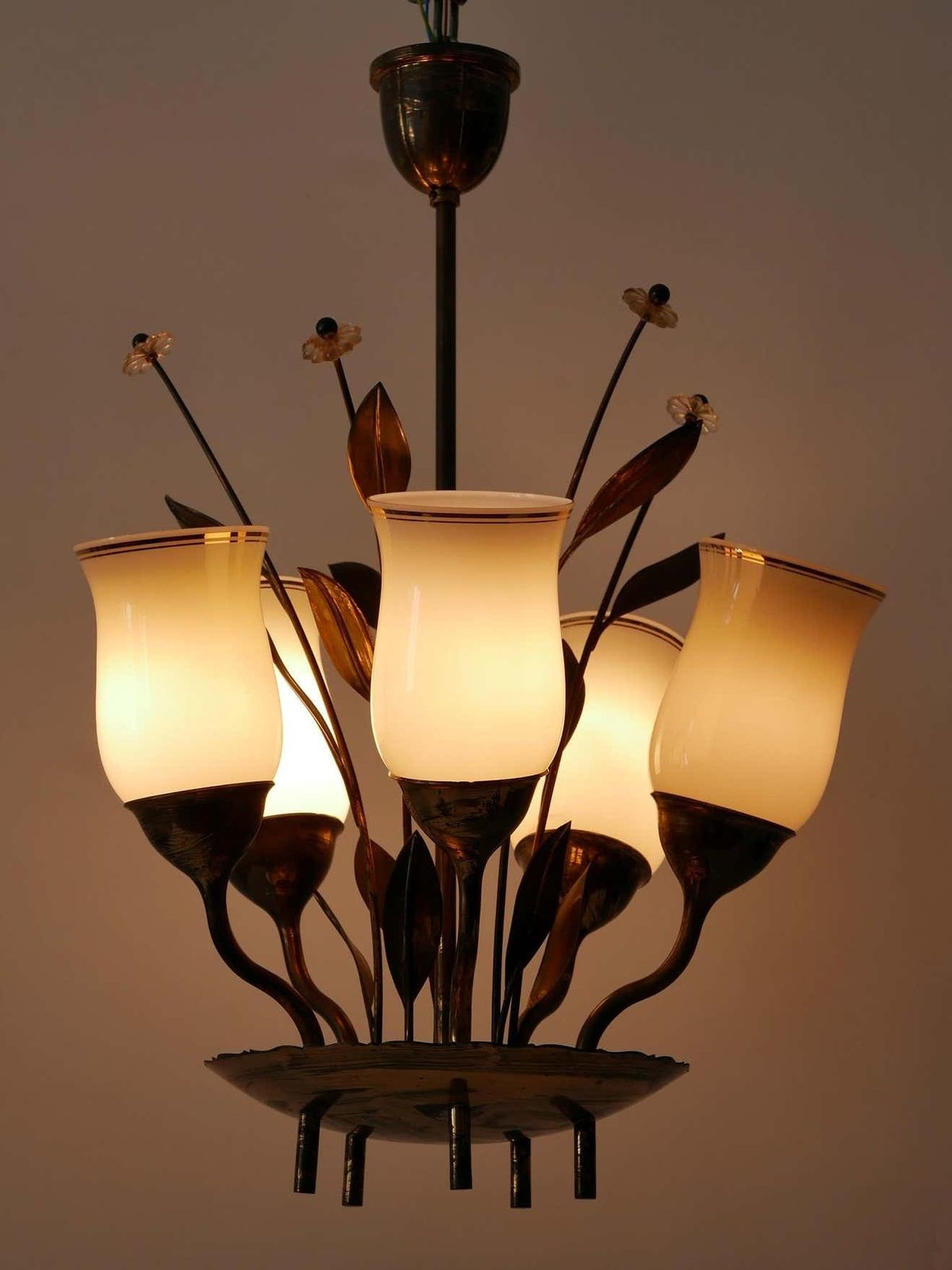 Exceptional Scandinavian Brass & Opal Glass Chandelier Or Ceiling Lamp, 1950s photo vinterior
