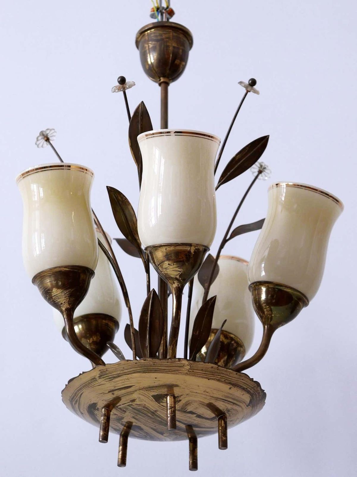Exceptional Scandinavian Brass & Opal Glass Chandelier Or Ceiling Lamp, 1950s photo buy