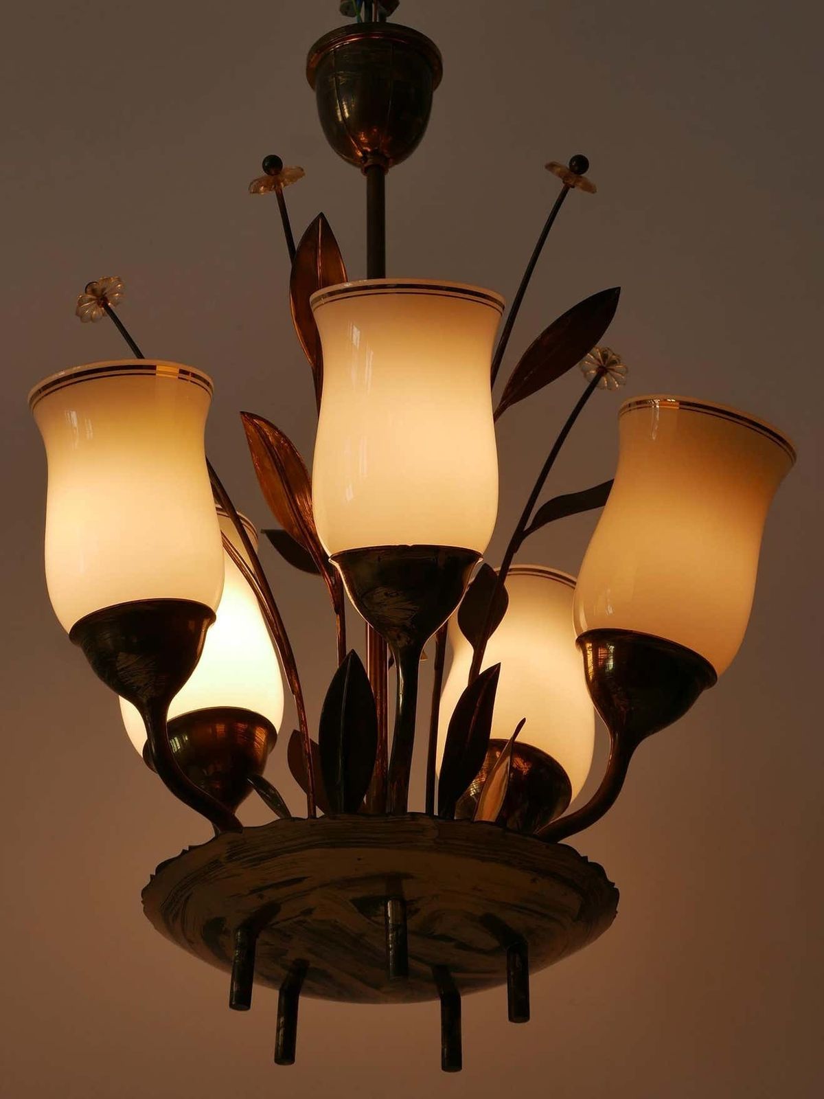 Exceptional Scandinavian Brass & Opal Glass Chandelier Or Ceiling Lamp, 1950s photo vintage