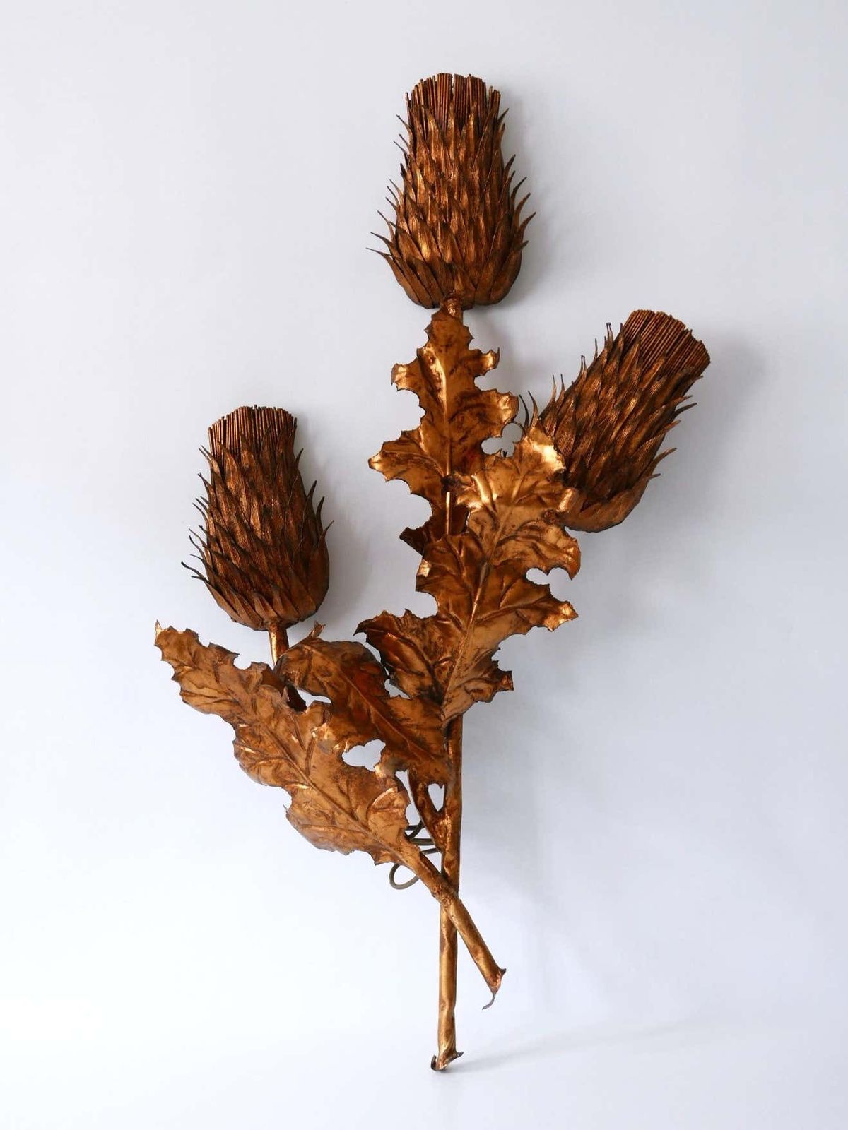 Huge Mid Century Modern Gilt Metal Three Flamed Thistle Flower Sconce 1960s photo for sale