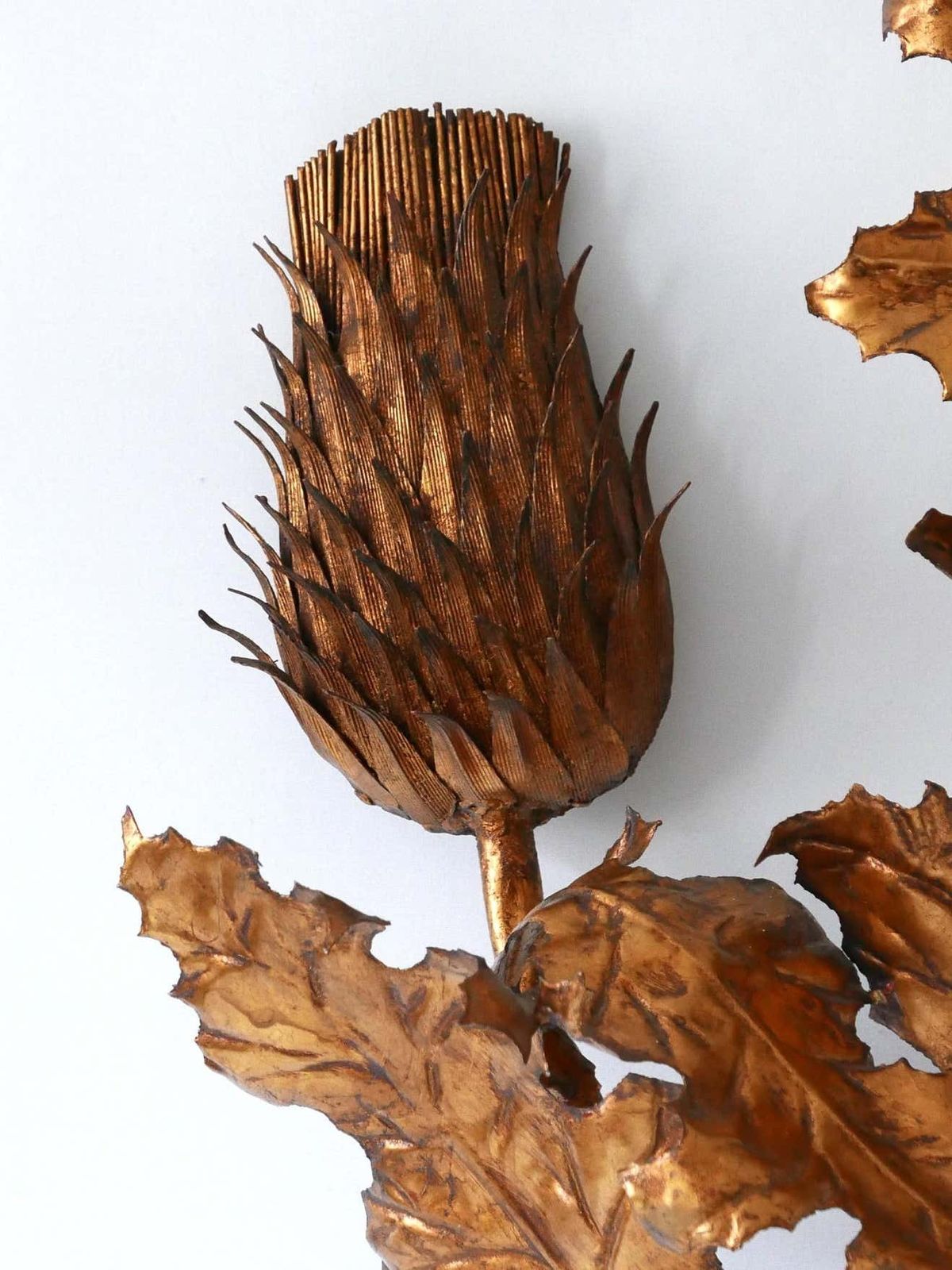 Huge Mid Century Modern Gilt Metal Three Flamed Thistle Flower Sconce 1960s photo buy