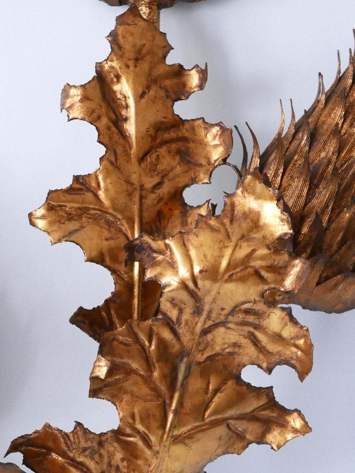 Lighting Huge Mid Century Modern Gilt Metal Three Flamed Thistle Flower Sconce 1960s photo