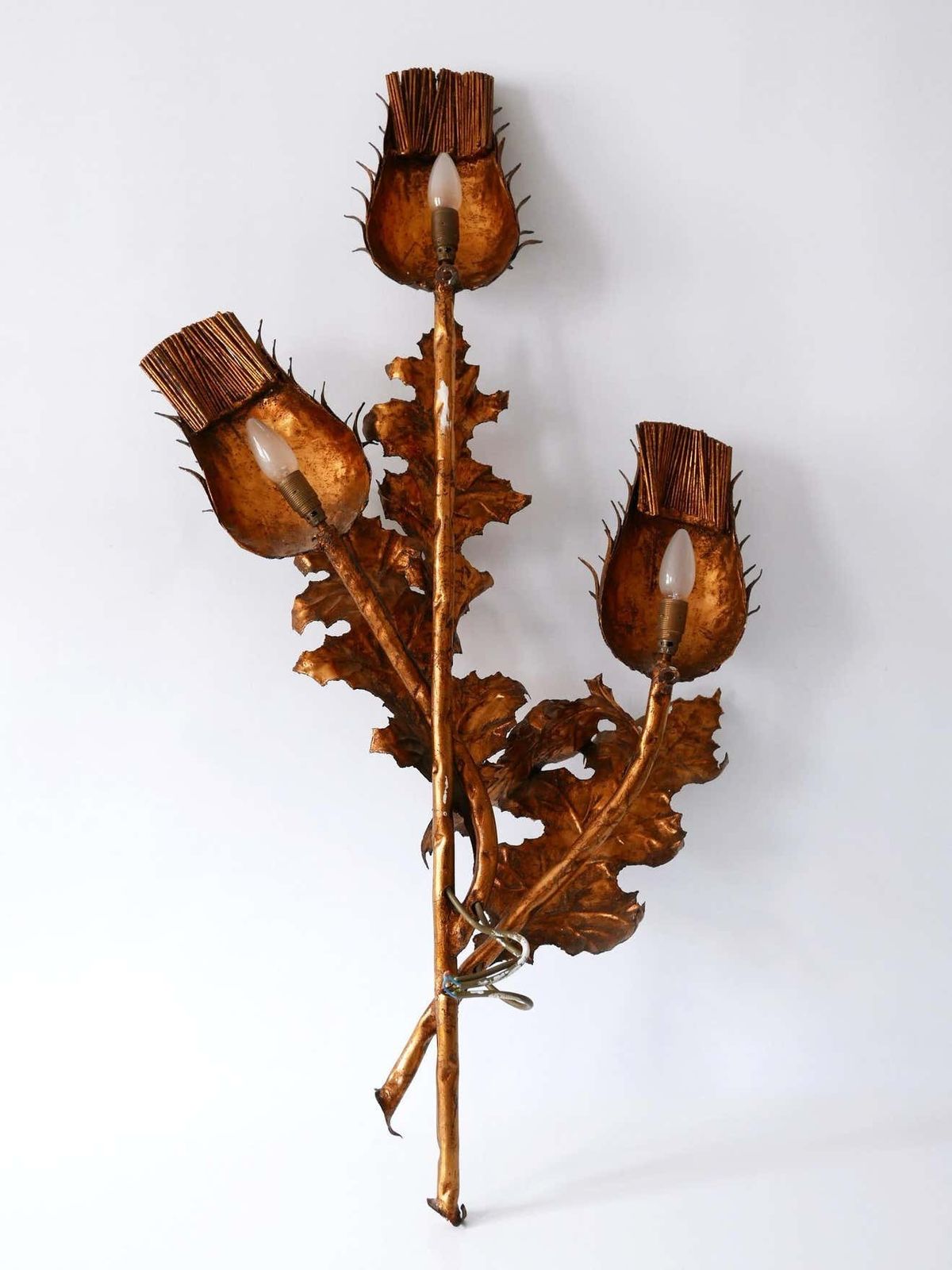 photo buy Huge Mid Century Modern Gilt Metal Three Flamed Thistle Flower Sconce 1960s