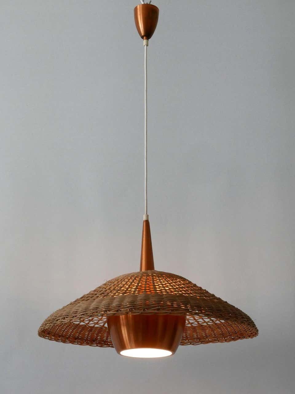 Large & Elegant Mid Century Modern Rattan & Copper Pendant Lamp Denmark 1970s photo furniture