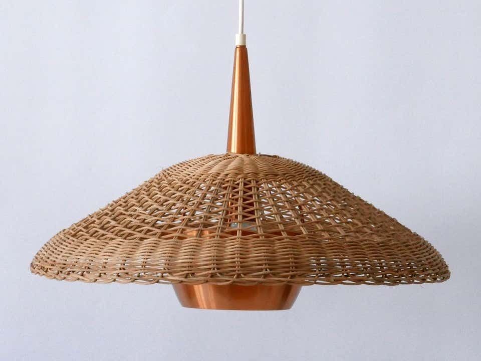 Large & Elegant Mid Century Modern Rattan & Copper Pendant Lamp Denmark 1970s photo 2057.0