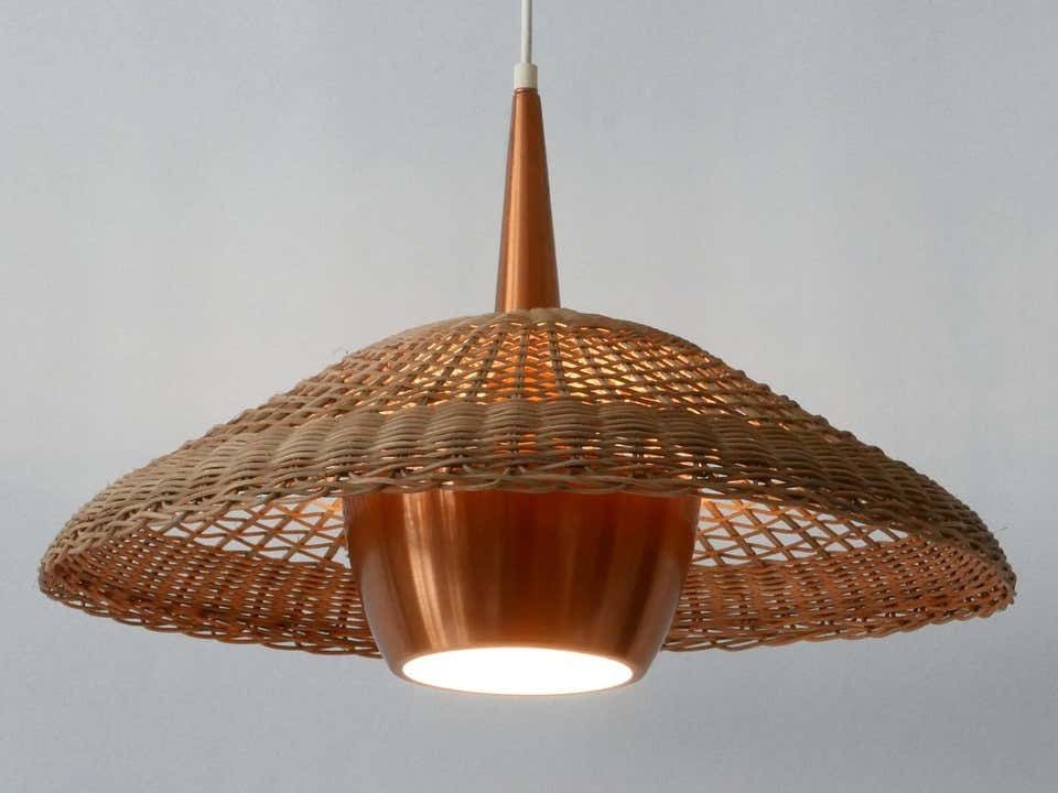 Large & Elegant Mid Century Modern Rattan & Copper Pendant Lamp Denmark 1970s photo vintage
