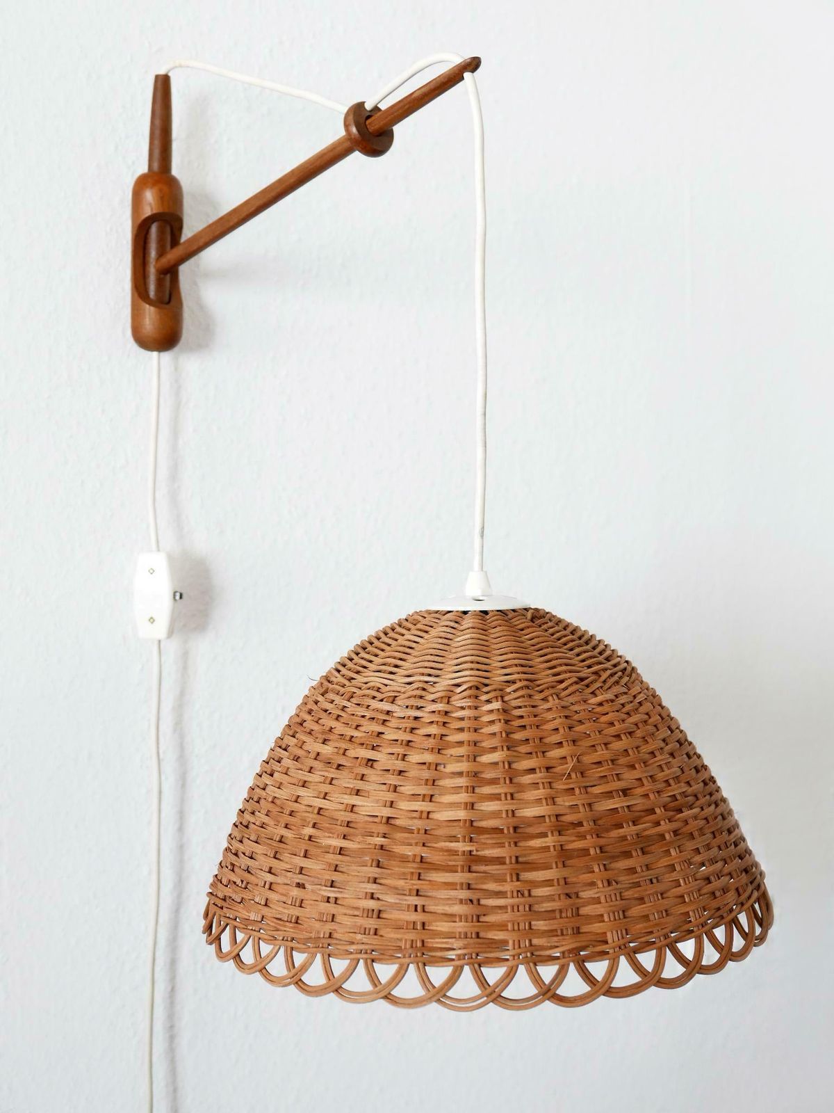 Rare & Elegant Mid Century Modern Rattan & Teak Wall Lamp Scandinavia 1960s photo for sale