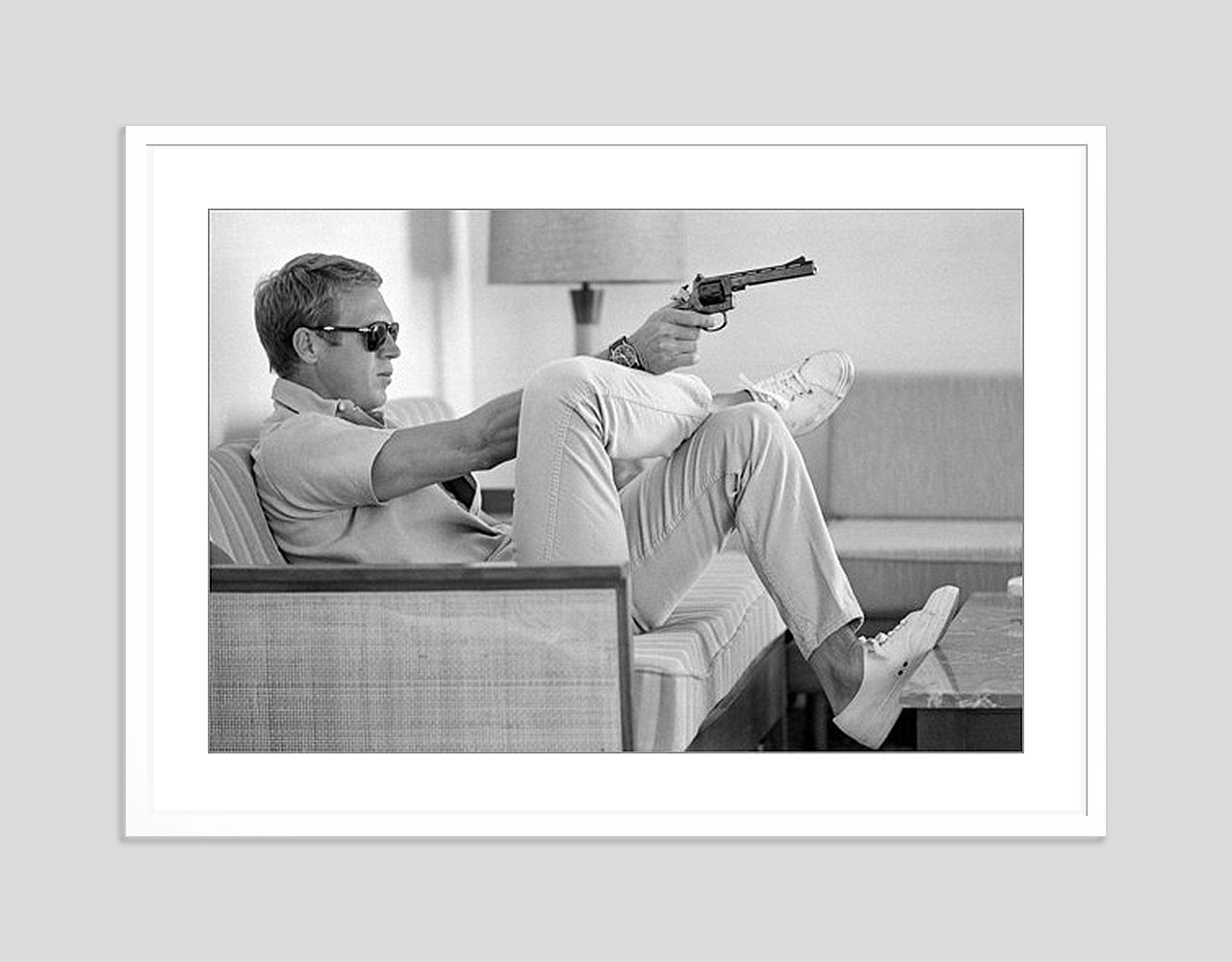 Steve Mcqueen Takes Aim With Gun Framed In White photo furniture