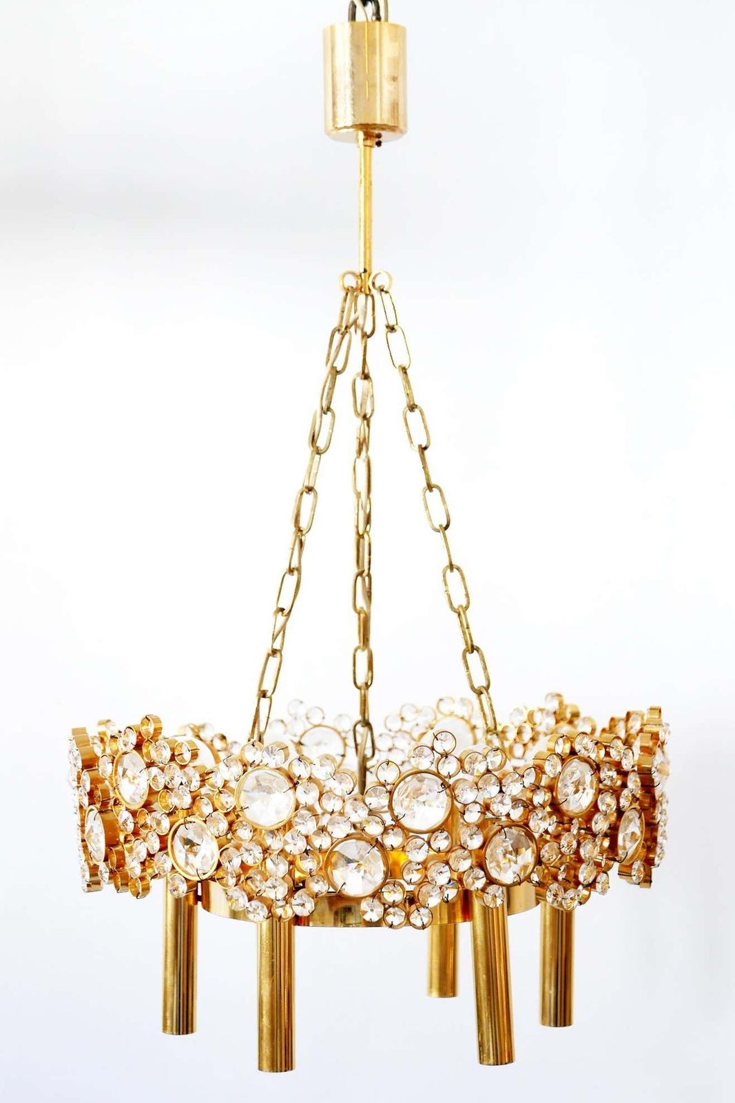 Gilt Brass Facet Cut Crystal Glass Chandelier ''Jewel'' By Palwa, 1970s, Germany photo for sale
