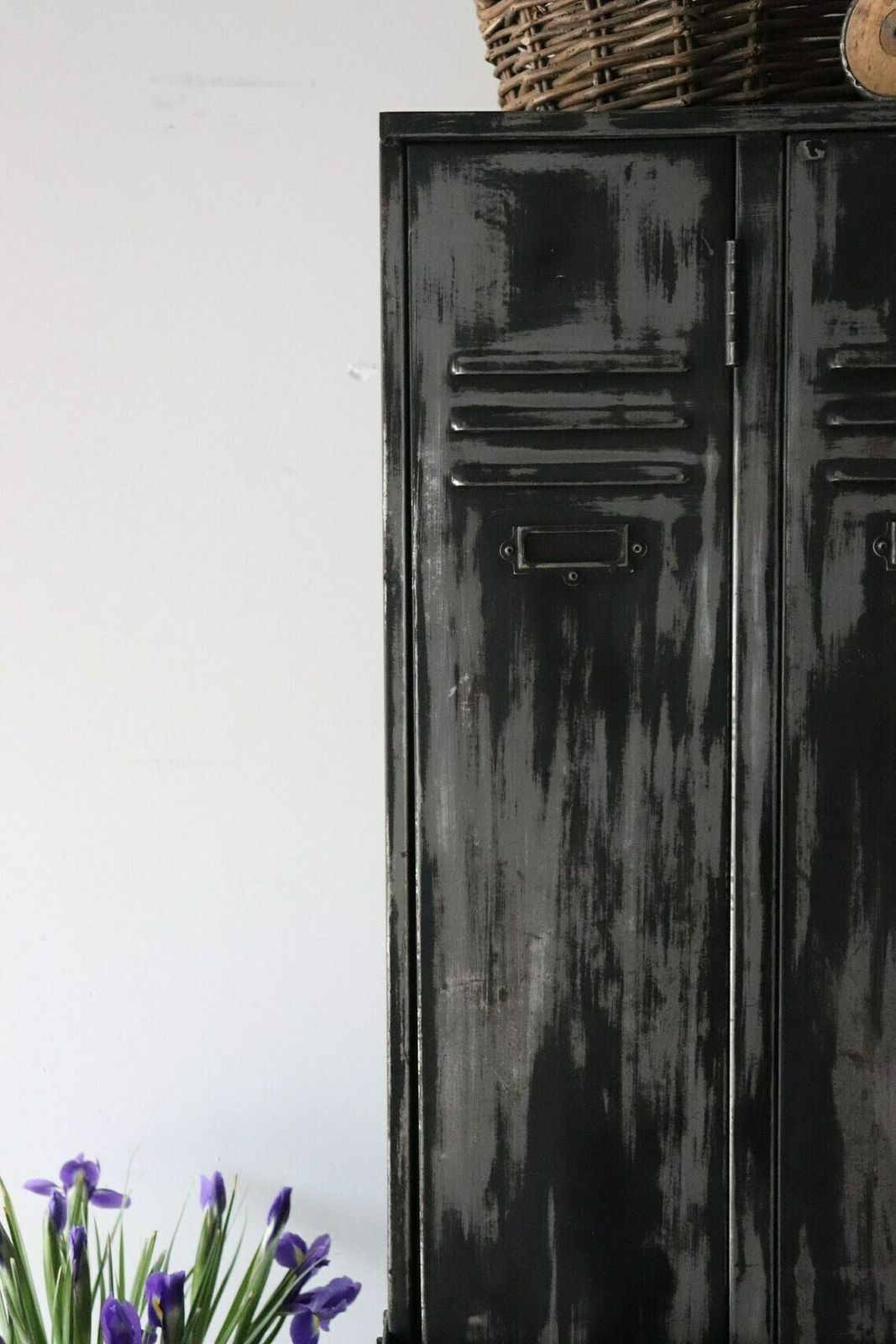 Tall Vintage Metal Painted Double Locker Or Coat Cupboard With Distressed Paintwork In Black And Grey photo 550.0