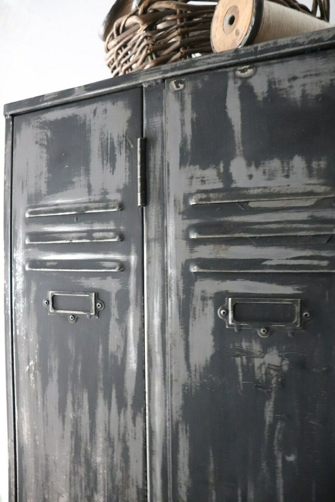 Tall Vintage Metal Painted Double Locker Or Coat Cupboard With Distressed Paintwork In Black And Grey photo vinterior