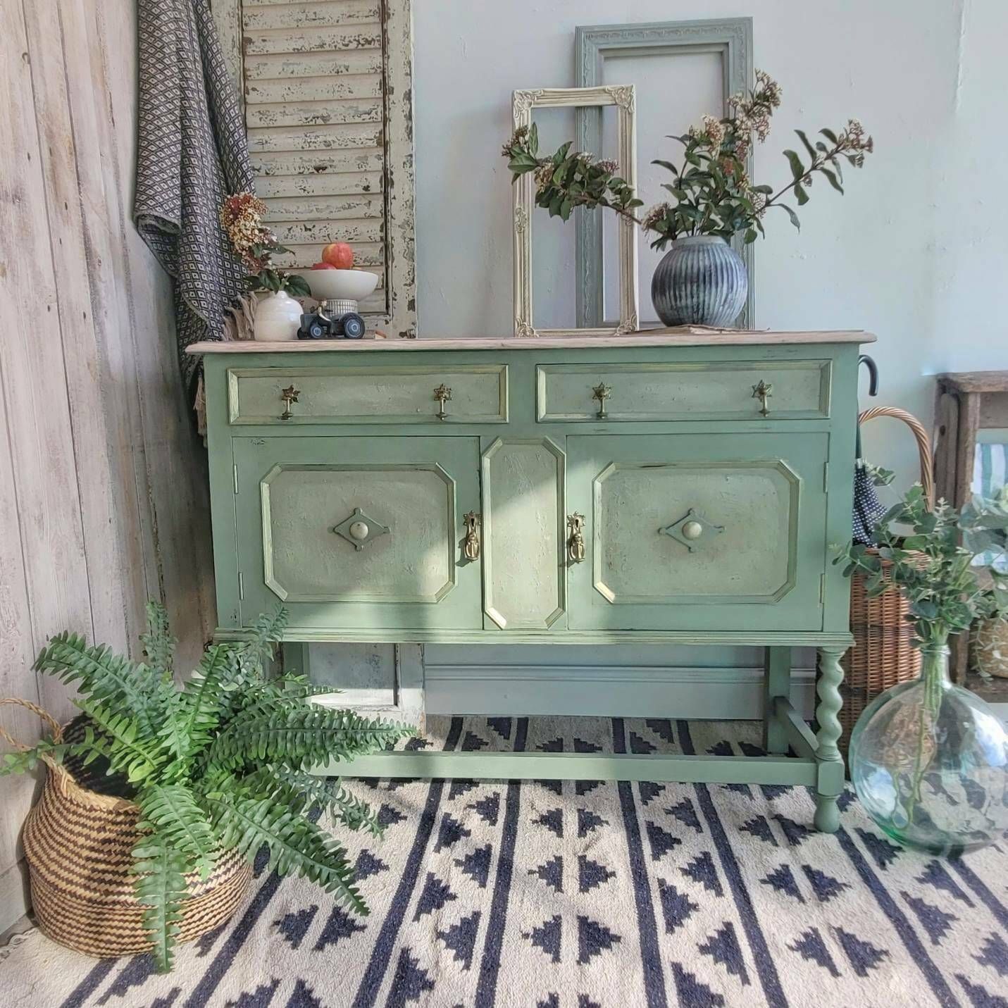 Commission Item   Sideboard Painted Green   Farmhouse Country Boho Style   Gold Accents   Hand Painted