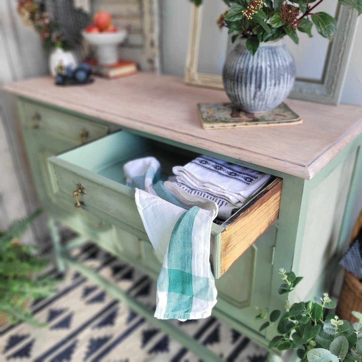 photo furniture Commission Item   Sideboard Painted Green   Farmhouse Country Boho Style   Gold Accents   Hand Painted