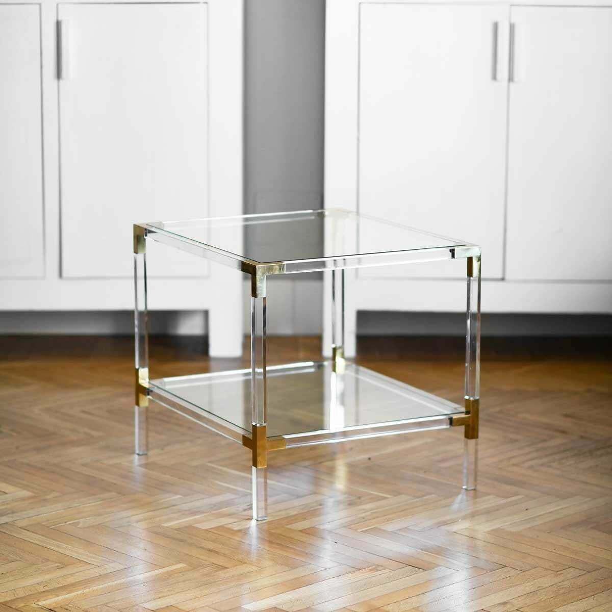 Couple Of Plexi Coffee Tables With Brass Details And Crystal Top, 1980 photo 2000.0