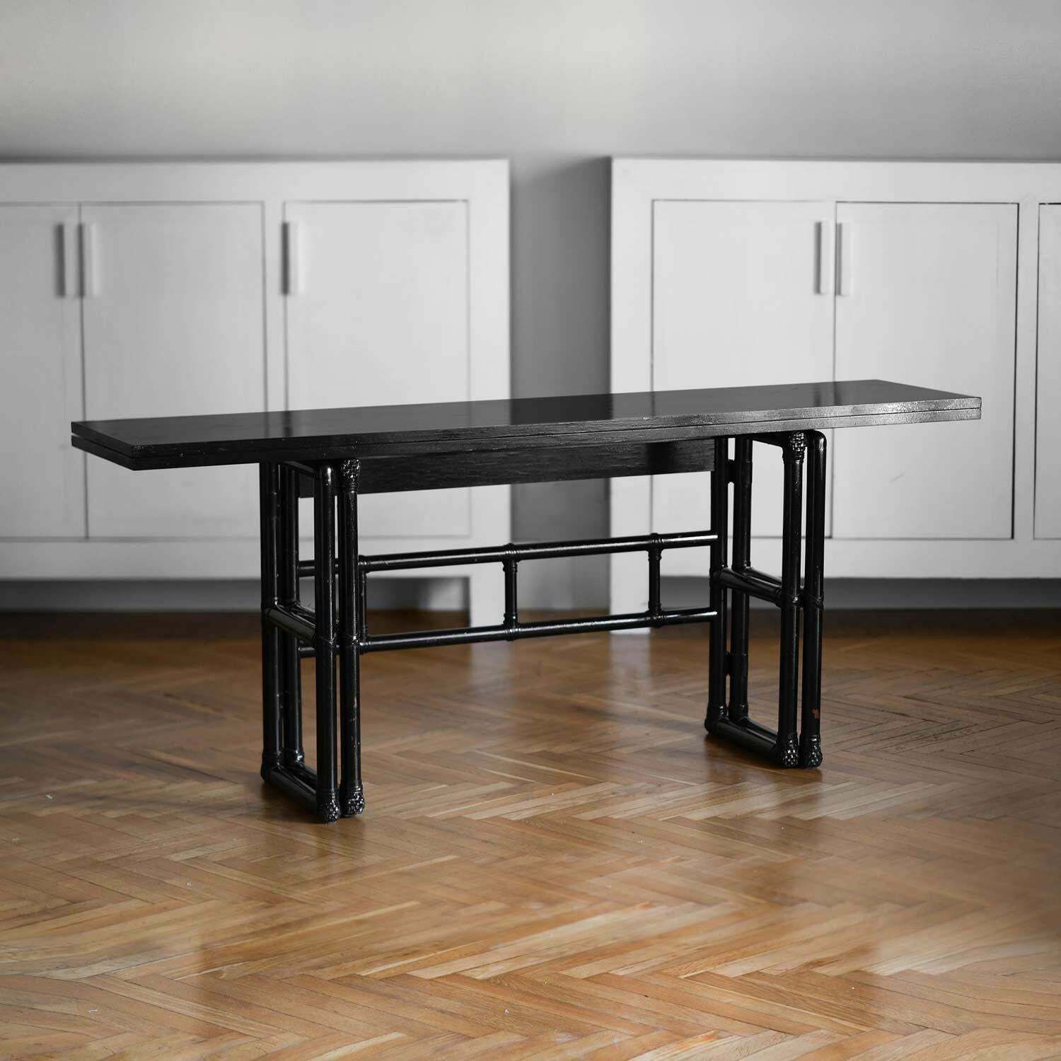 Mcguire" 1970s Dining Room Set In Black Lacquered Rattan photo furniture