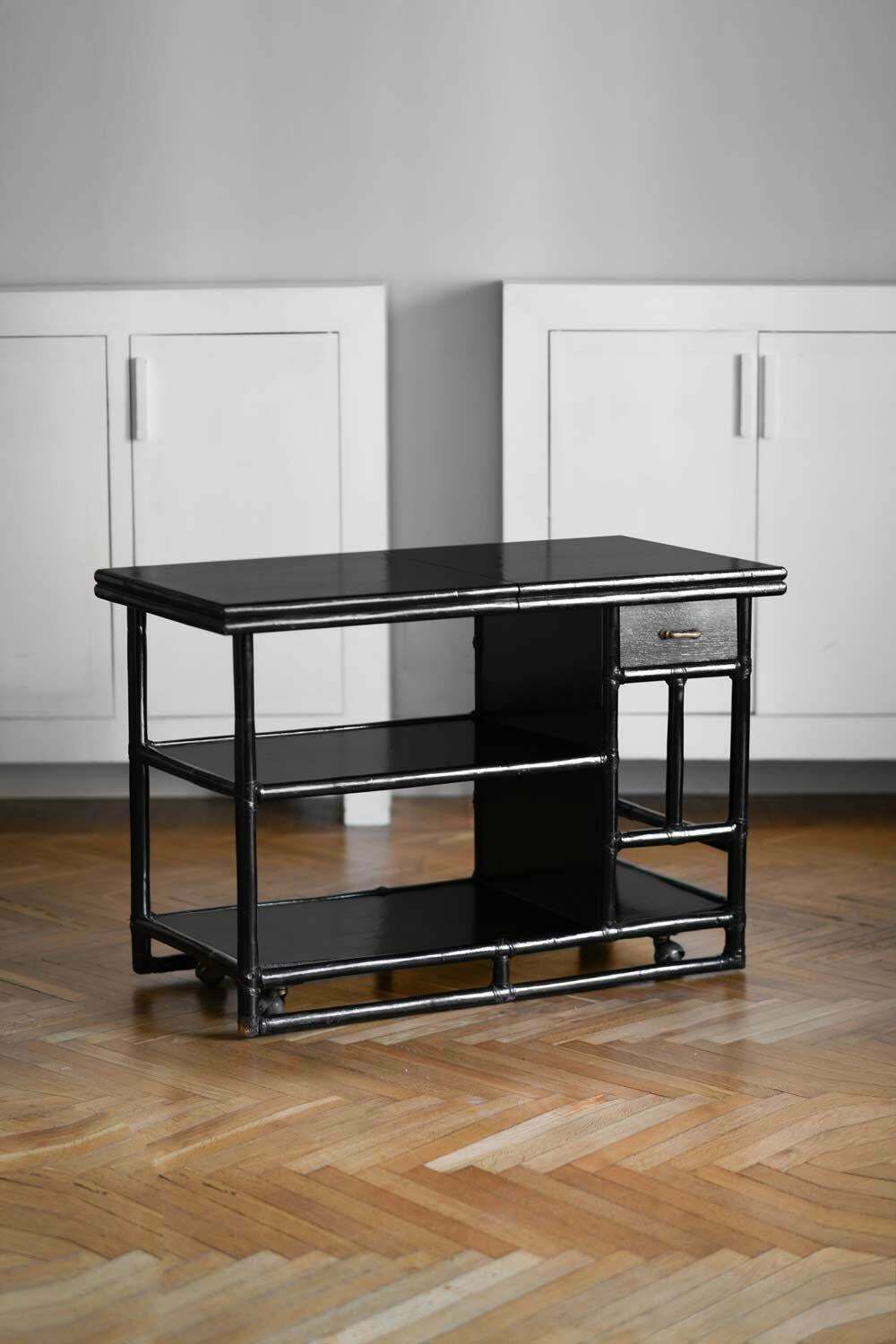 Mcguire" 1970s Dining Room Set In Black Lacquered Rattan photo Furniture