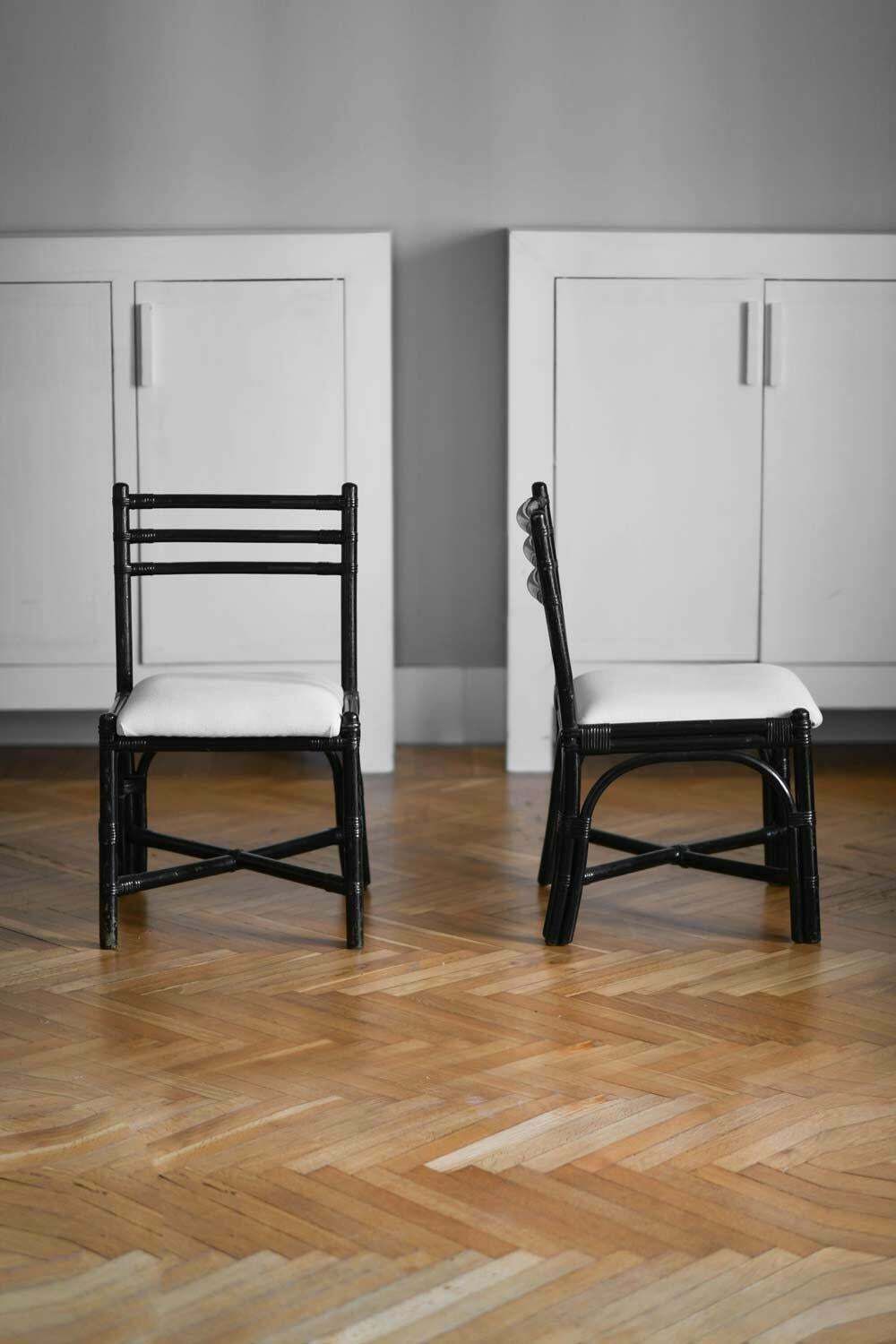 Mcguire" 1970s Dining Room Set In Black Lacquered Rattan photo vinterior