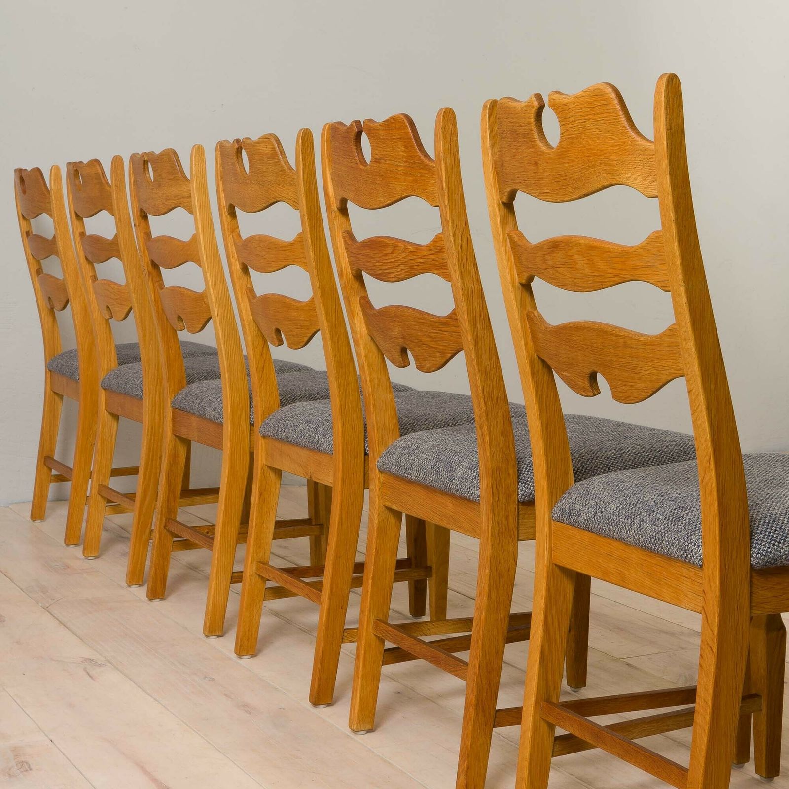 Danish Set Of Six Oak Razor Chairs, H. Kjærnulf For Eg Kvalitetsmøbler 1960s photo vinterior