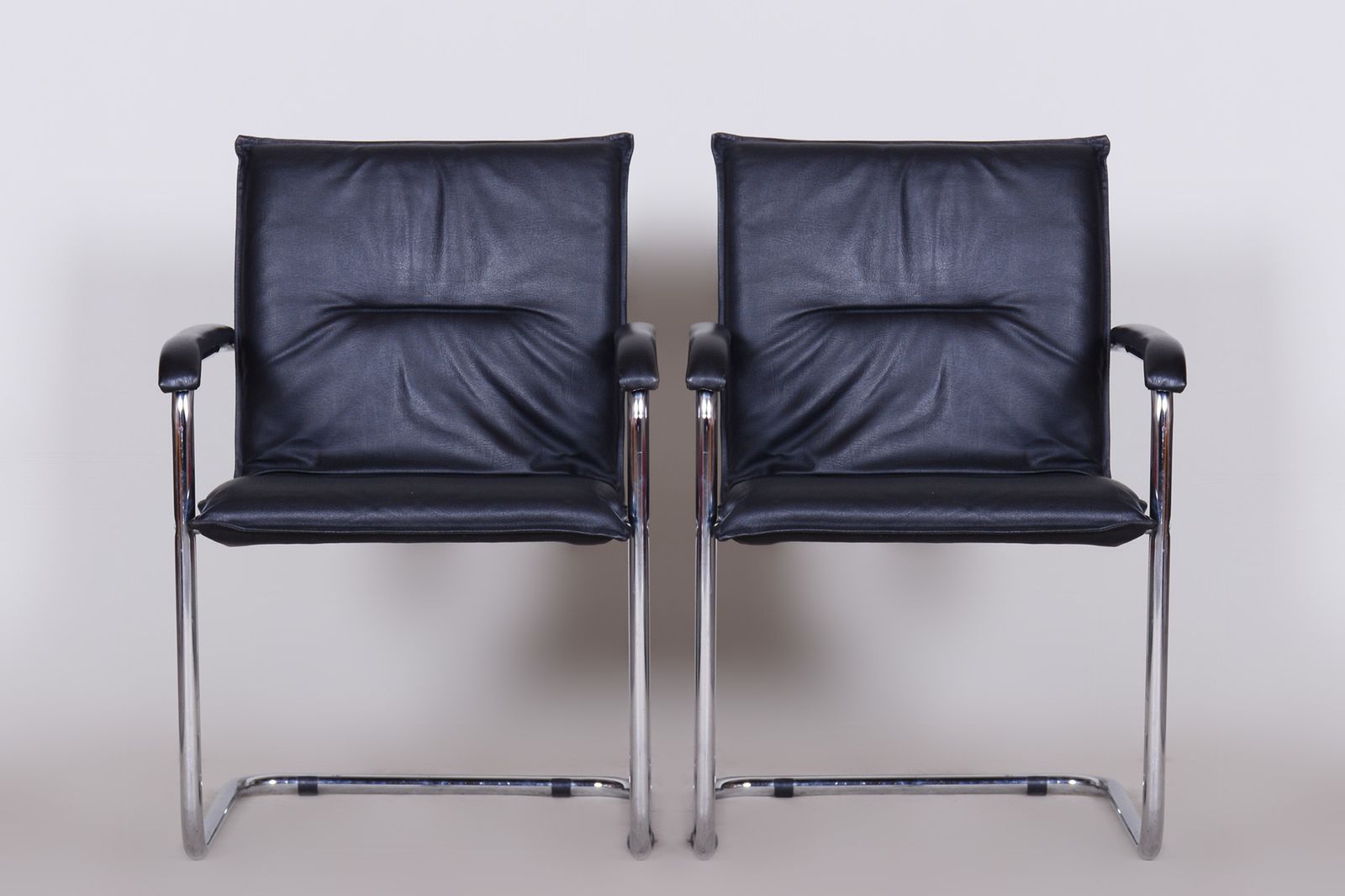 Pair Of Black Bauhaus Chairs, Artificial Leather, Chrome, Well Preserved Original Condition, 1970s, Germany photo Furniture