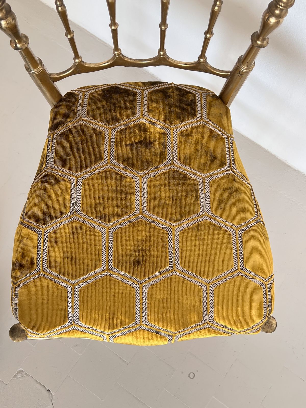 photo furniture Italian Midcentury Chiavari Chair In Full Brass With New Upholstery From Designers Guild, 1970s