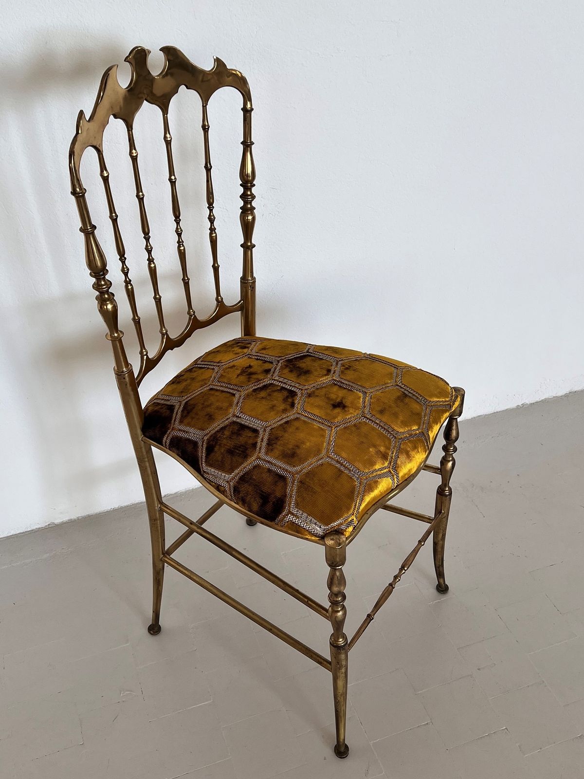 Furniture Italian Midcentury Chiavari Chair In Full Brass With New Upholstery From Designers Guild, 1970s photo
