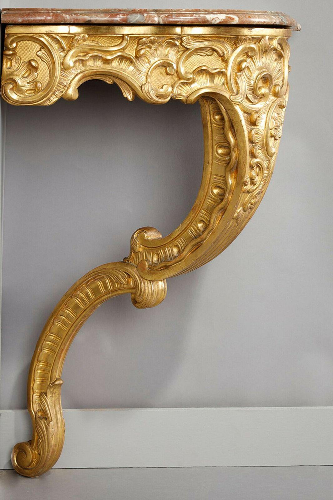 Louis XV Style Corner Console In Gilded Wood And Breche Marble Top, 19th Century