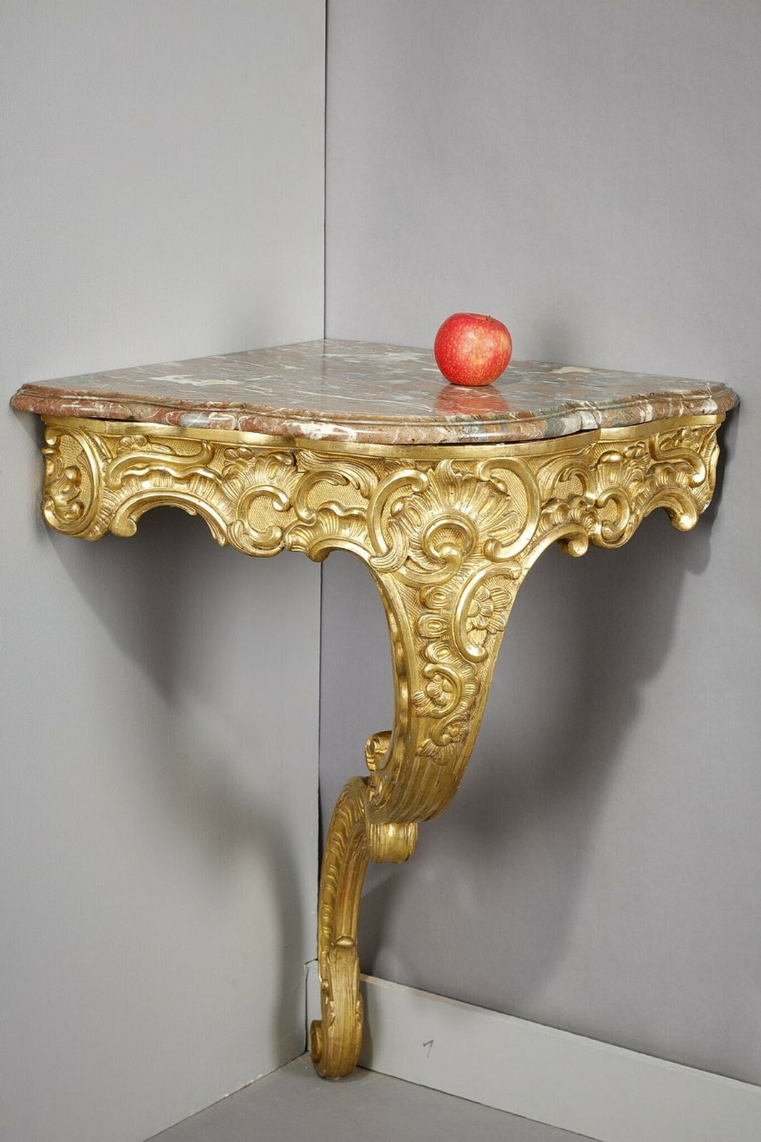 Louis XV Style Corner Console In Gilded Wood And Breche Marble Top, 19th Century photo furniture