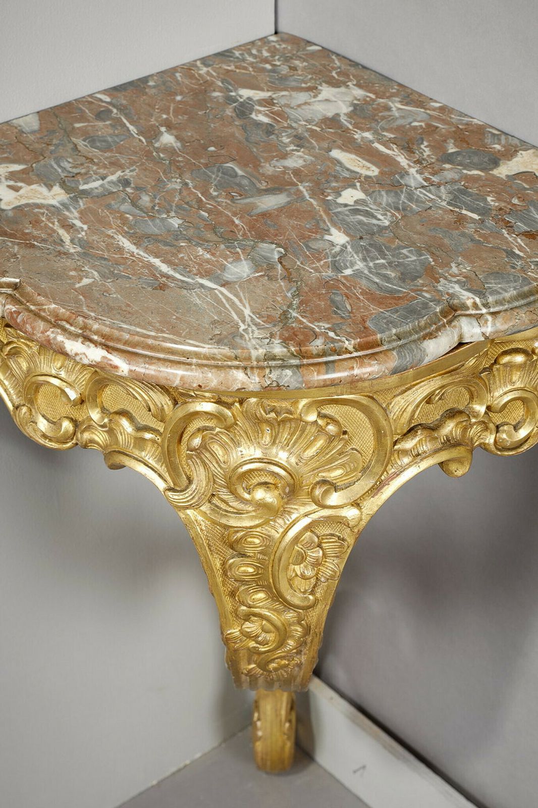 Louis XV Style Corner Console In Gilded Wood And Breche Marble Top, 19th Century photo 3043.0