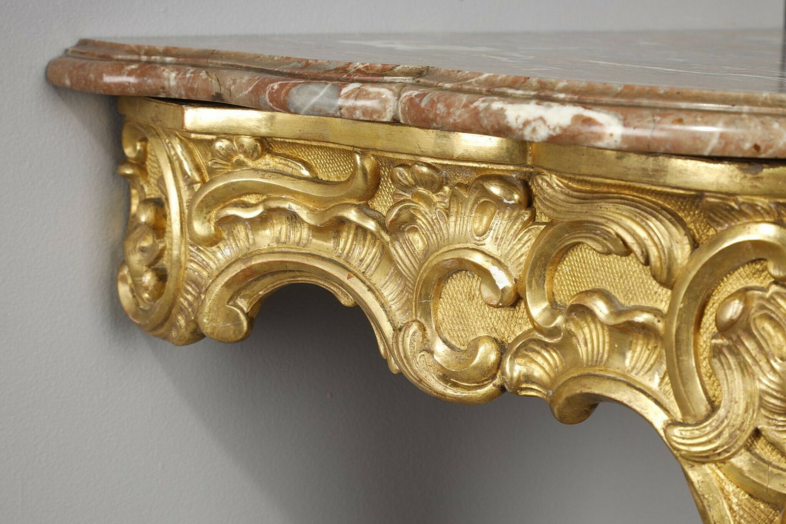 Louis XV Style Corner Console In Gilded Wood And Breche Marble Top, 19th Century photo vinterior