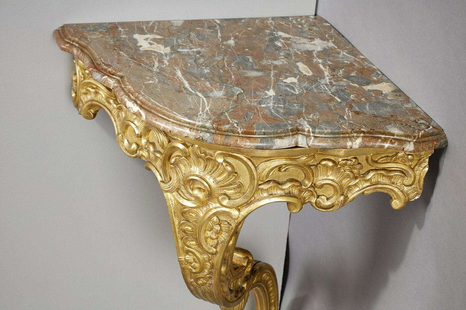 photo furniture Louis XV Style Corner Console In Gilded Wood And Breche Marble Top, 19th Century