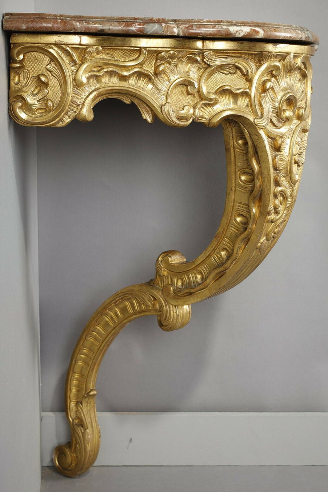 photo vinterior Louis XV Style Corner Console In Gilded Wood And Breche Marble Top, 19th Century