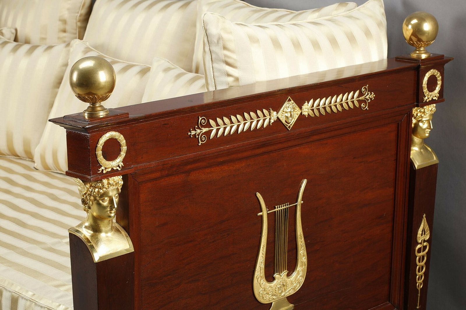 Furniture Empire Period Mahogany Sofa Bed Decorated With Lyre And Mercury Bust In Gilt Bronze, 19th Century photo